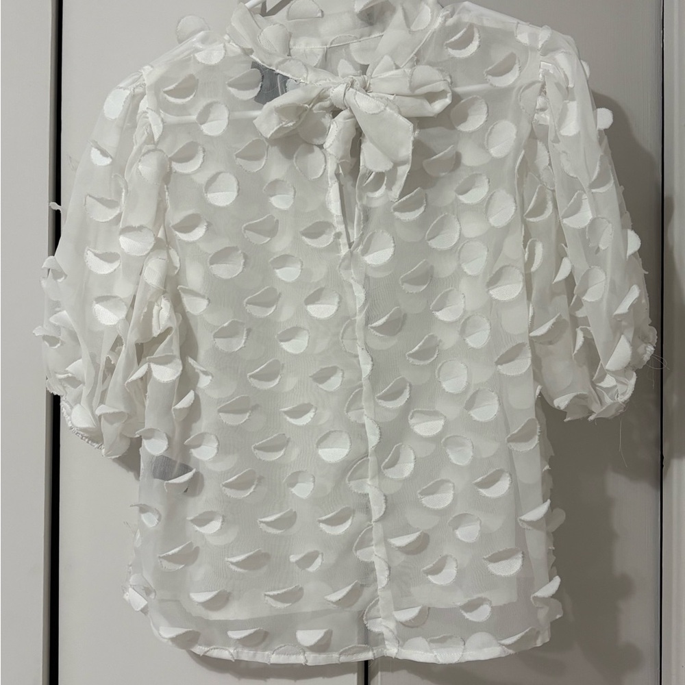 Elegant White Textured Blouse with Bow